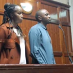Moses Macharia Mathenyu and Peris Wangari Kamau at Milimani Law Courts over Lubrinex Oils fraud case