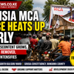 Sirisia MCA race campaign scene in Malakisi showing youth at boda boda stage and removed political banners in Bungoma County