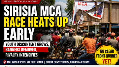 Sirisia MCA race campaign scene in Malakisi showing youth at boda boda stage and removed political banners in Bungoma County